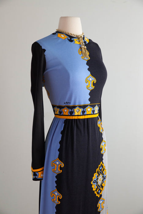Chic 1970's Paganne By Gene Berk Border Print Jersey Dress / ML