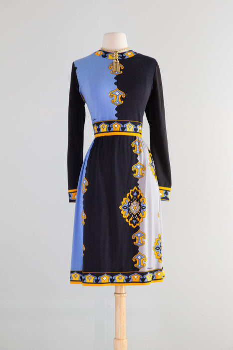 Chic 1970's Paganne By Gene Berk Border Print Jersey Dress / ML