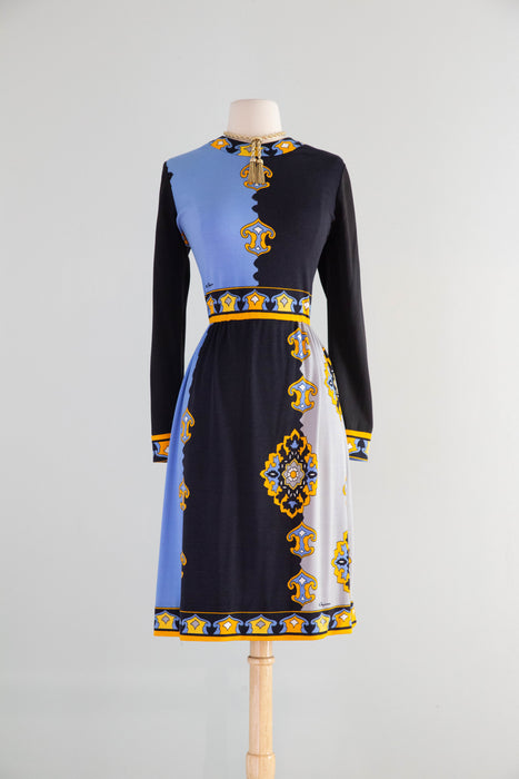 Chic 1970's Paganne By Gene Berk Border Print Jersey Dress / ML