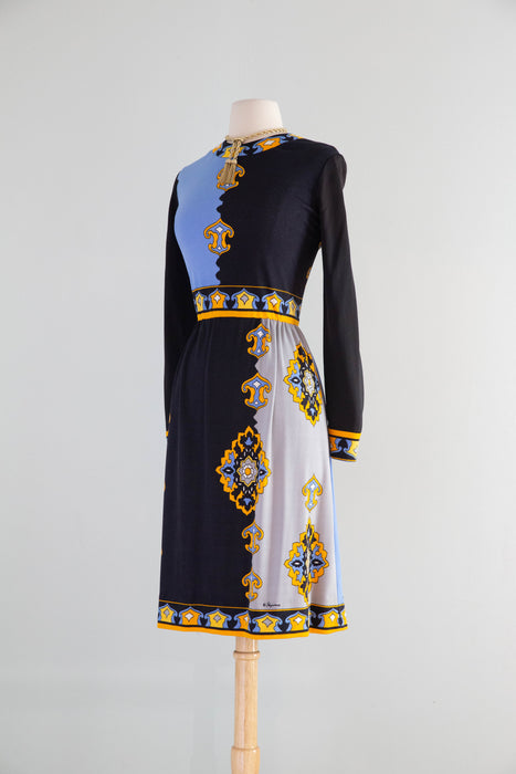 Chic 1970's Paganne By Gene Berk Border Print Jersey Dress / ML