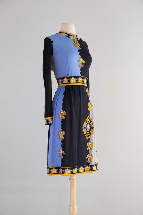 Chic 1970's Paganne By Gene Berk Border Print Jersey Dress / ML
