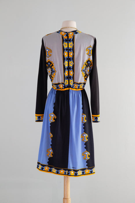 Chic 1970's Paganne By Gene Berk Border Print Jersey Dress / ML