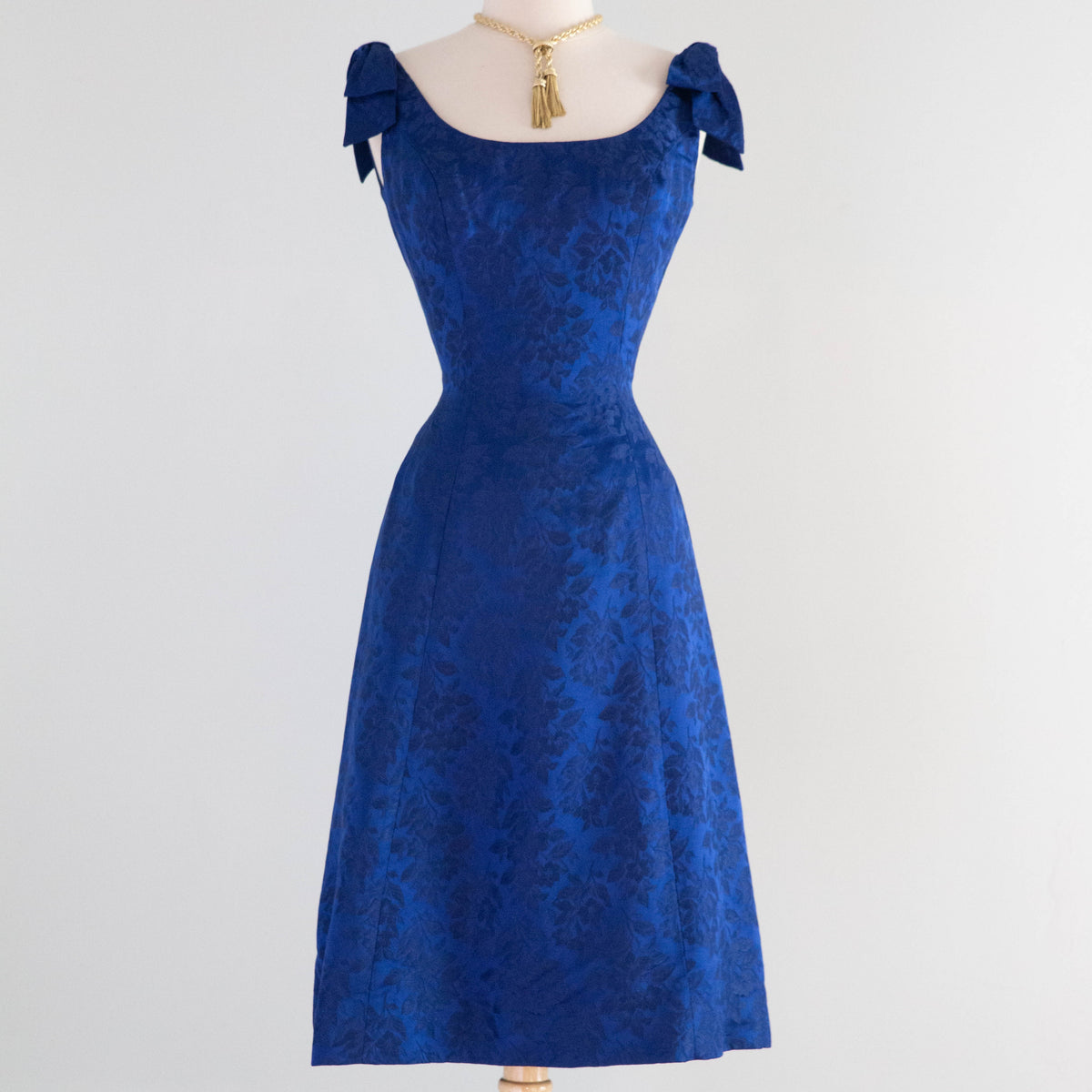 boatneck sapphire blue cocktail dress Stunning Late 1950's By Estevez / S – Xtabay Vintage Satin