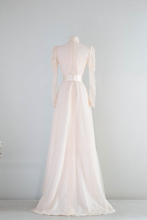 Romantic 1970's Edwardian Inspired Lace & Swiss Dot Wedding Gown In Ivory Blush / M