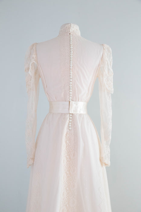 Romantic 1970's Edwardian Inspired Lace & Swiss Dot Wedding Gown In Ivory Blush / M