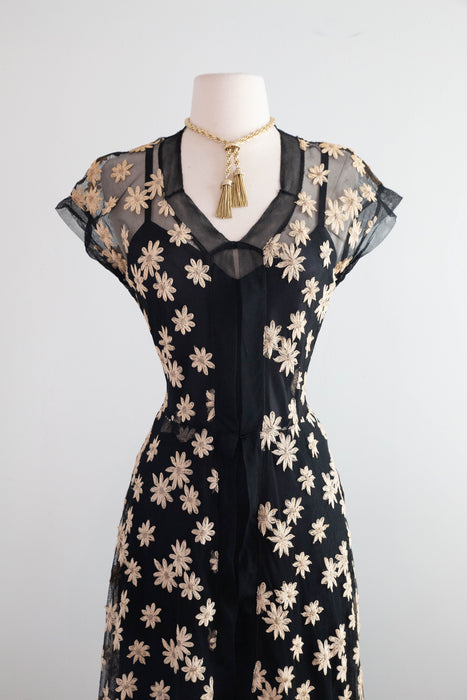 Divine 1930's Daisy Embroidered Black English Net Sheer Evening Dress / M