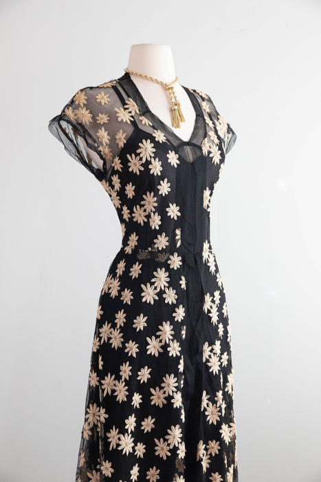Divine 1930's Daisy Embroidered Black English Net Sheer Evening Dress / M