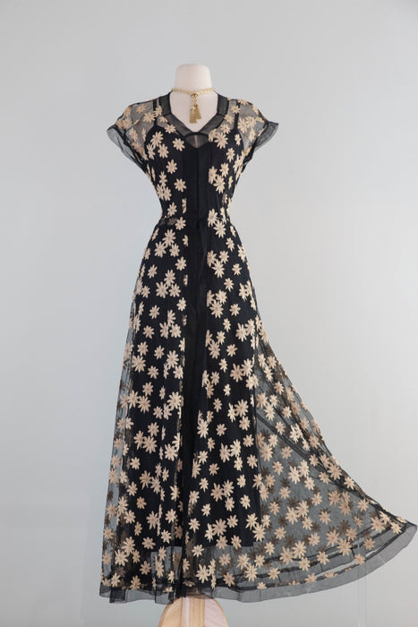 Divine 1930's Daisy Embroidered Black English Net Sheer Evening Dress / M