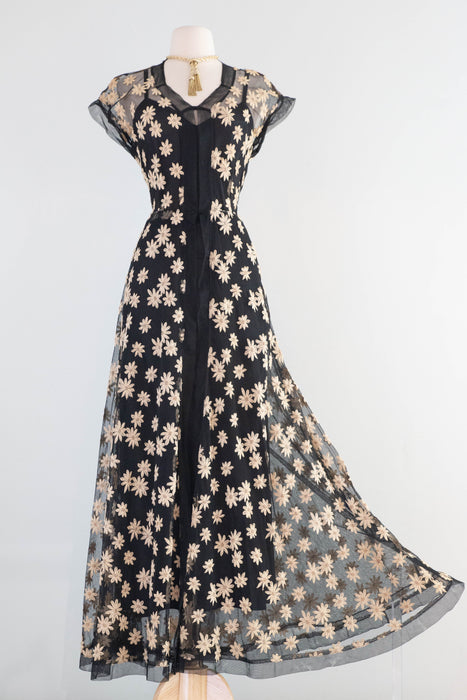 Divine 1930's Daisy Embroidered Black English Net Sheer Evening Dress / M