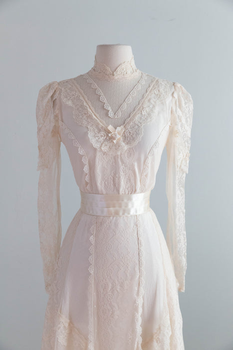 Romantic 1970's Edwardian Inspired Lace & Swiss Dot Wedding Gown In Ivory Blush / M