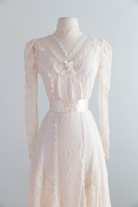 Romantic 1970's Edwardian Inspired Lace & Swiss Dot Wedding Gown In Ivory Blush / M