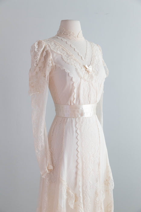 Romantic 1970's Edwardian Inspired Lace & Swiss Dot Wedding Gown In Ivory Blush / M
