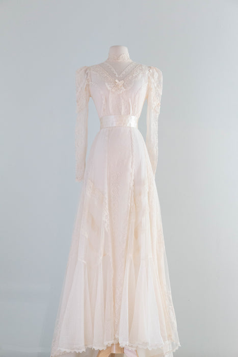 Romantic 1970's Edwardian Inspired Lace & Swiss Dot Wedding Gown In Ivory Blush / M