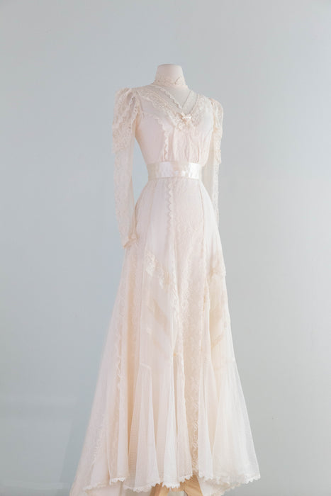 Romantic 1970's Edwardian Inspired Lace & Swiss Dot Wedding Gown In Ivory Blush / M