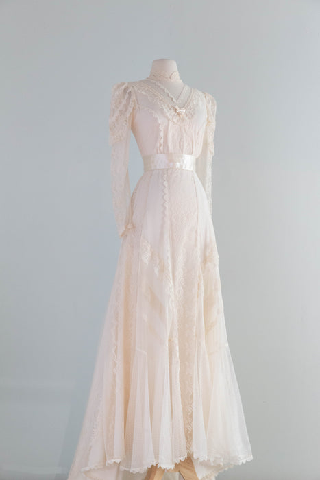 Romantic 1970's Edwardian Inspired Lace & Swiss Dot Wedding Gown In Ivory Blush / M