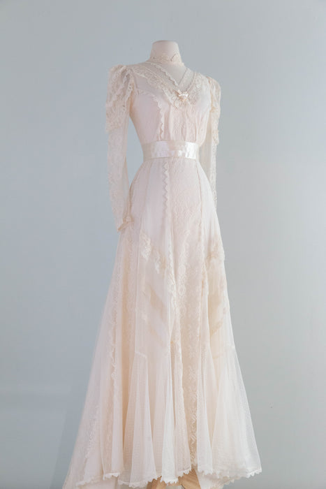 Romantic 1970's Edwardian Inspired Lace & Swiss Dot Wedding Gown In Ivory Blush / M