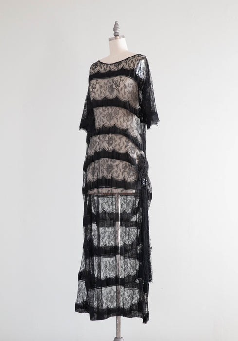 Exquisite 1920's Black French Lace Flapper Era Evening Dress / M