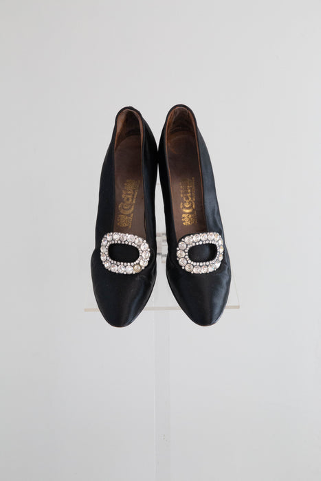 Gorgeous 1920's French Peau de Soie Black Evening Shoes / Size 5