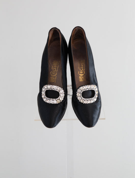 Gorgeous 1920's French Peau de Soie Black Evening Shoes / Size 5