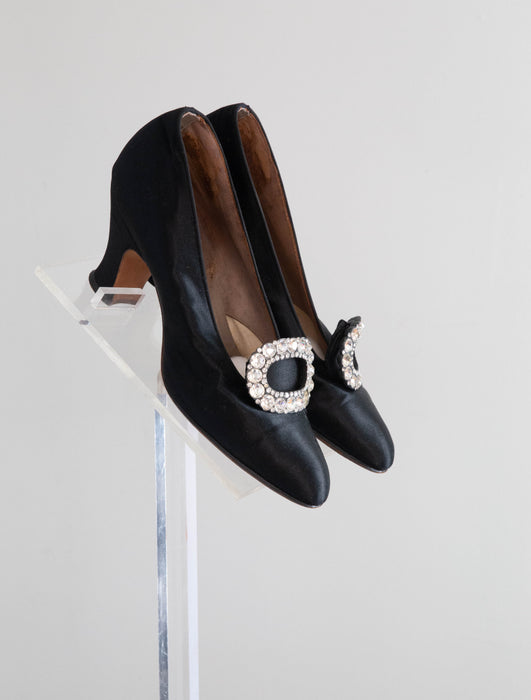 Gorgeous 1920's French Peau de Soie Black Evening Shoes / Size 5