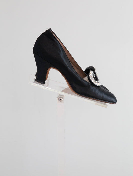 Gorgeous 1920's French Peau de Soie Black Evening Shoes / Size 5