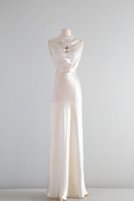 Gleaming 1930's Liquid Satin Ivory Bias Cut Wedding Gown / Medium