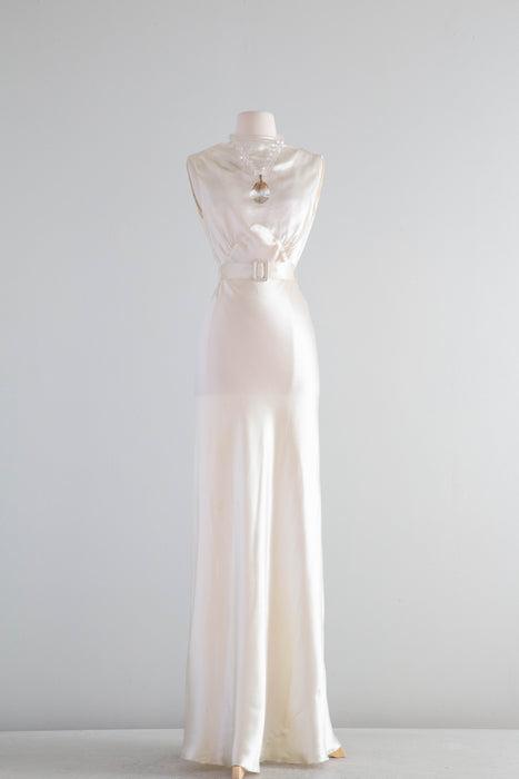 Gleaming 1930's Liquid Satin Ivory Bias Cut Wedding Gown / Medium