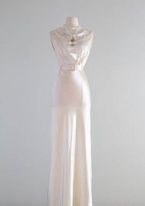 Gleaming 1930's Liquid Satin Ivory Bias Cut Wedding Gown / Medium