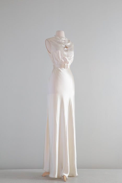 Gleaming 1930's Liquid Satin Ivory Bias Cut Wedding Gown / Medium