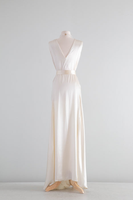 Gleaming 1930's Liquid Satin Ivory Bias Cut Wedding Gown / Medium