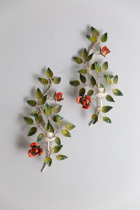 Beautiful Pair of Vintage Italian Rose Tole Candle Sconces