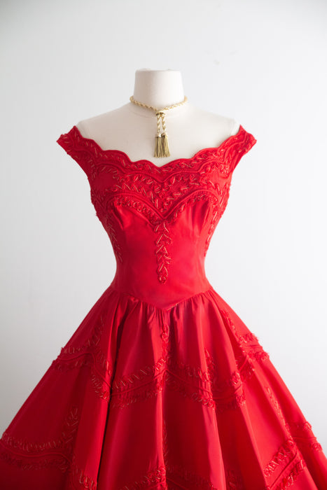 Showstopping 1950's Cherry Red Party Dress with Soutache Embroidery / S