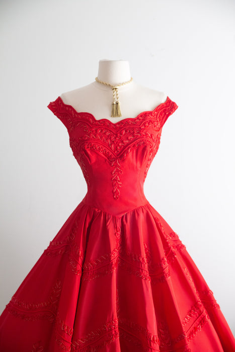 Showstopping 1950's Cherry Red Party Dress with Soutache Embroidery / S