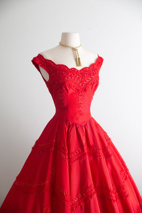 Showstopping 1950's Cherry Red Party Dress with Soutache Embroidery / S