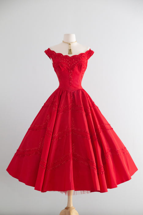 Showstopping 1950's Cherry Red Party Dress with Soutache Embroidery / S