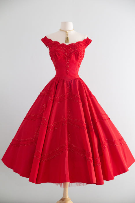 Showstopping 1950's Cherry Red Party Dress with Soutache Embroidery / S