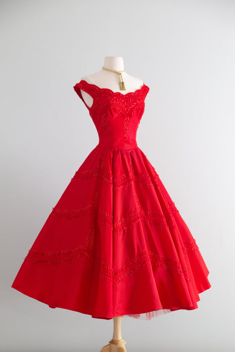 Showstopping 1950's Cherry Red Party Dress with Soutache Embroidery / S