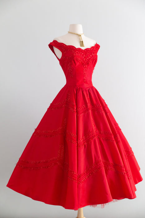 Showstopping 1950's Cherry Red Party Dress with Soutache Embroidery / S