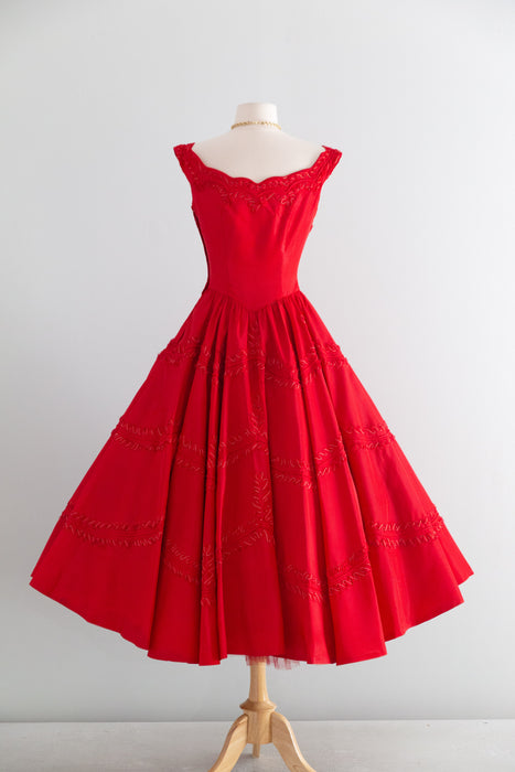 Showstopping 1950's Cherry Red Party Dress with Soutache Embroidery / S