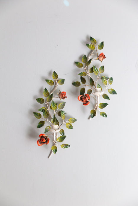 Beautiful Pair of Vintage Italian Rose Tole Candle Sconces