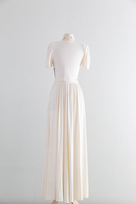 Elegant 1940's Ivory Rayon Jersey Wedding Dress With Pleated Bodice / SM