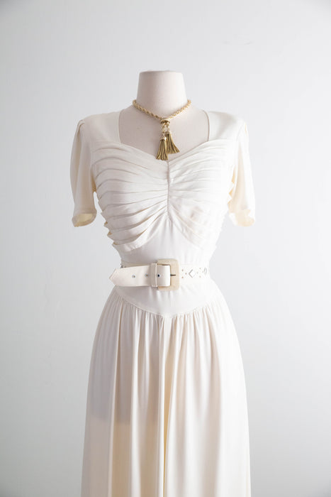 Elegant 1940's Ivory Rayon Jersey Wedding Dress With Pleated Bodice / SM