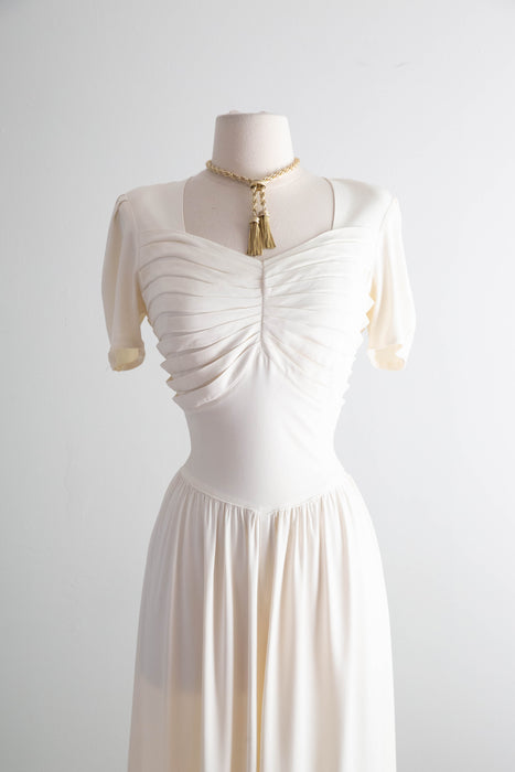 Elegant 1940's Ivory Rayon Jersey Wedding Dress With Pleated Bodice / SM