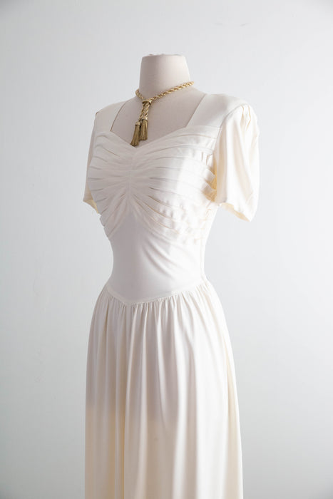 Elegant 1940's Ivory Rayon Jersey Wedding Dress With Pleated Bodice / SM