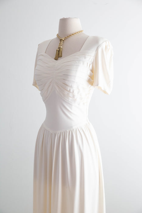 Elegant 1940's Ivory Rayon Jersey Wedding Dress With Pleated Bodice / SM