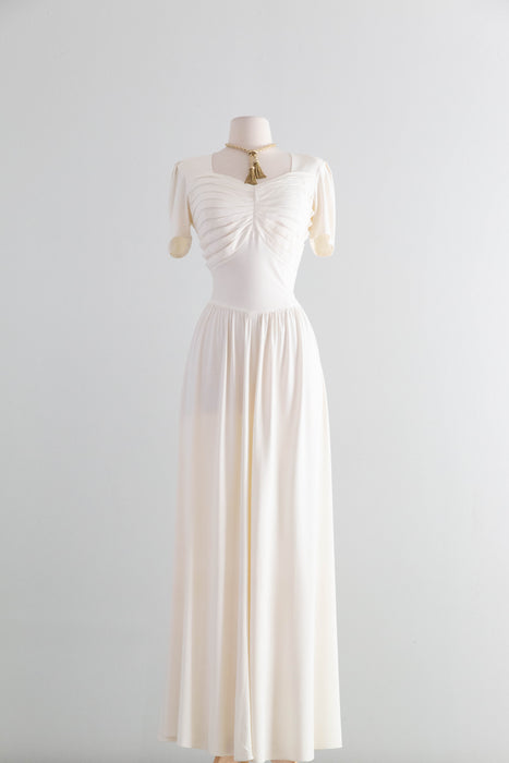 Elegant 1940's Ivory Rayon Jersey Wedding Dress With Pleated Bodice / SM