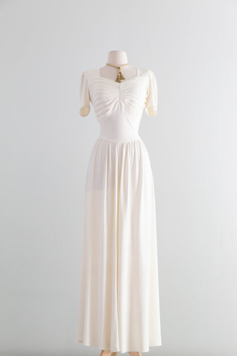 Elegant 1940's Ivory Rayon Jersey Wedding Dress With Pleated Bodice / SM