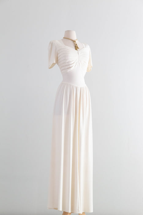 Elegant 1940's Ivory Rayon Jersey Wedding Dress With Pleated Bodice / SM