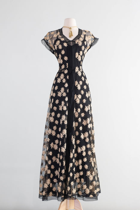 Divine 1930's Daisy Embroidered Black English Net Sheer Evening Dress / M