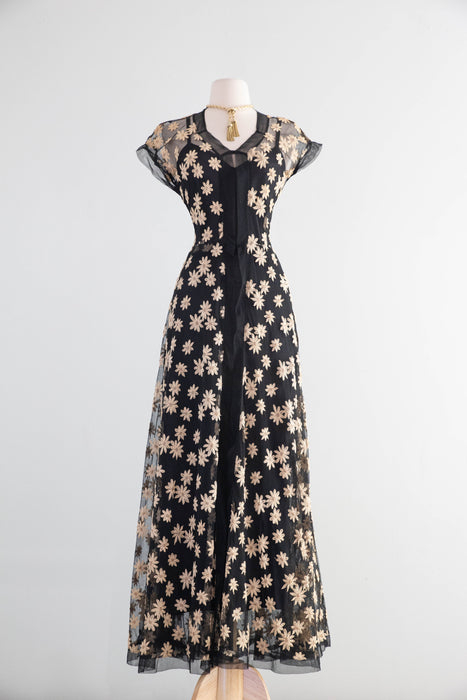 Divine 1930's Daisy Embroidered Black English Net Sheer Evening Dress / M